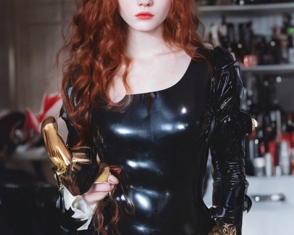 Red-haired woman in black outfit with gold bracelets on blurred background