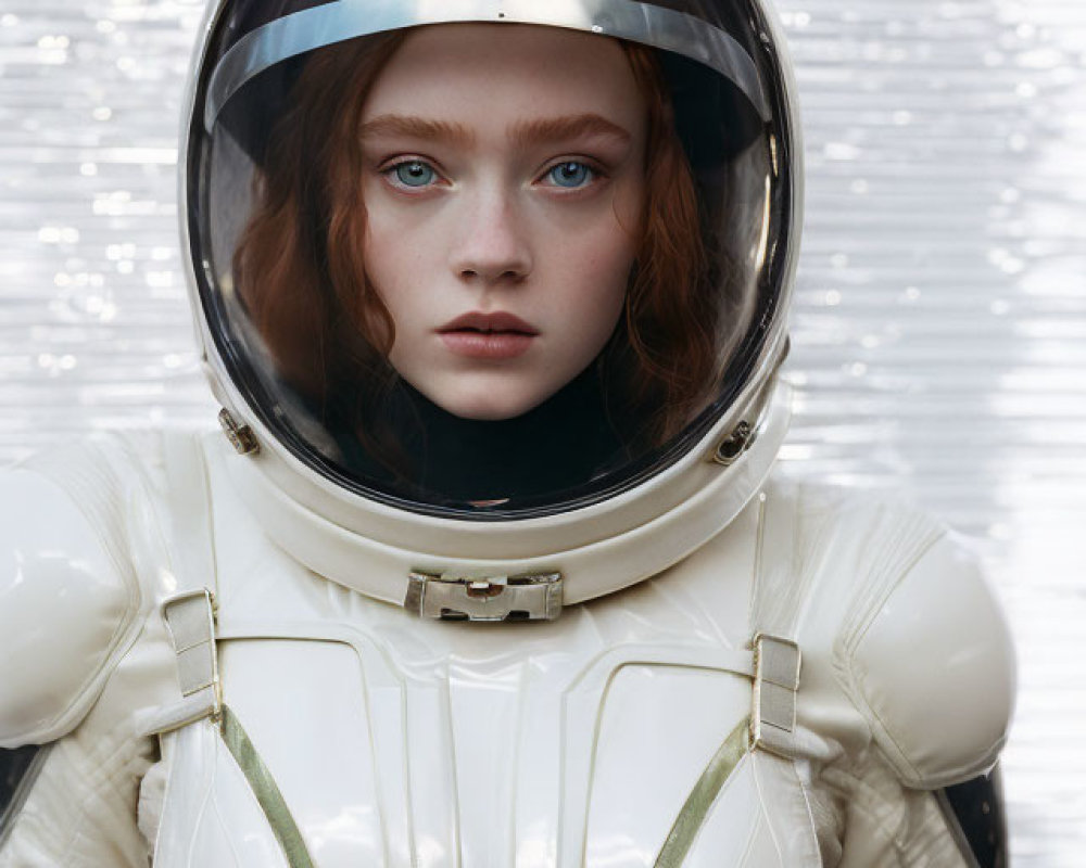 Blue-eyed woman with red hair in astronaut suit against metallic background