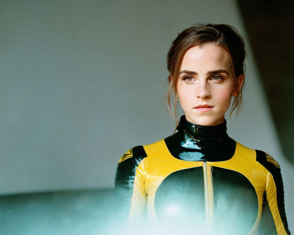 Determined woman in yellow and black suit with high collar against soft background