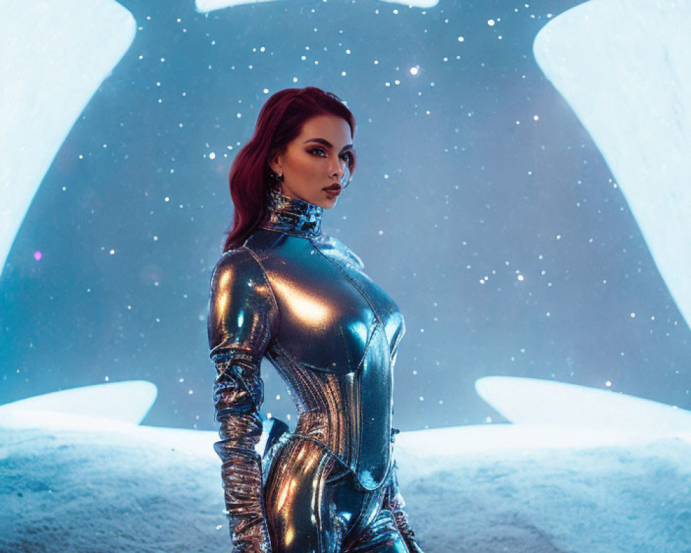 Futuristic silver spacesuit against illuminated backdrop