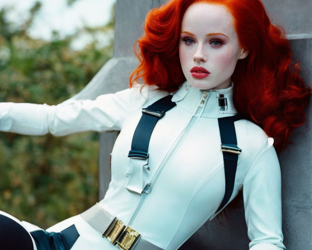 Person with Red Hair in Futuristic White Outfit Outdoors