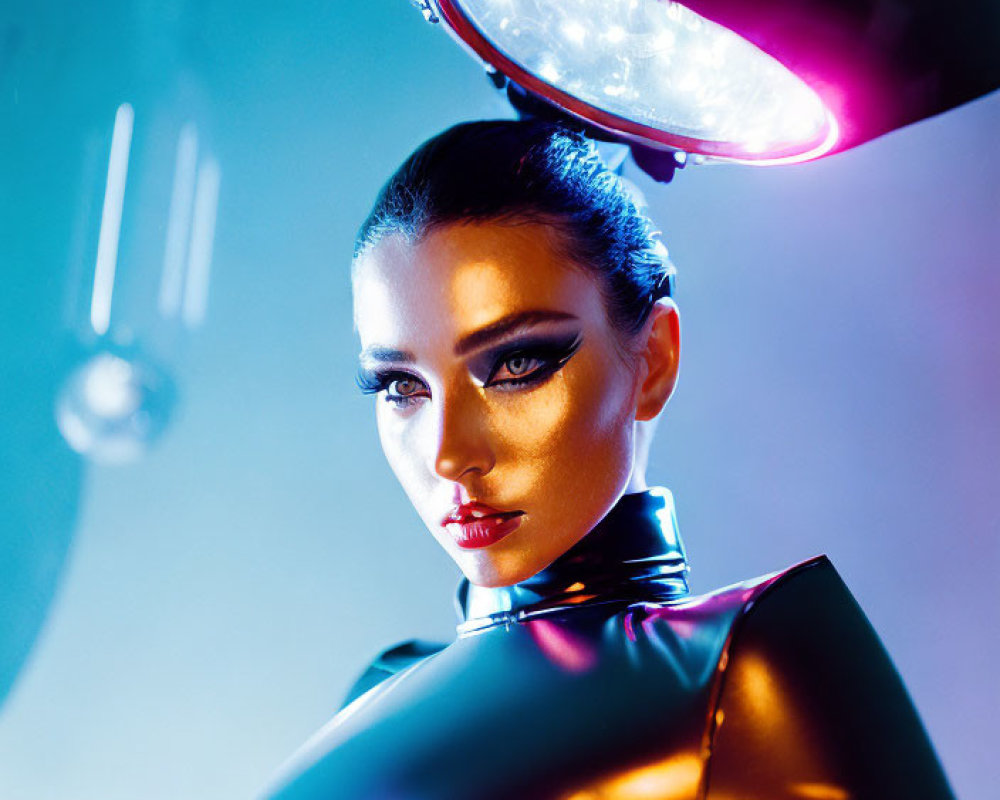 Futuristic portrait of a woman in bold makeup and shiny black outfit