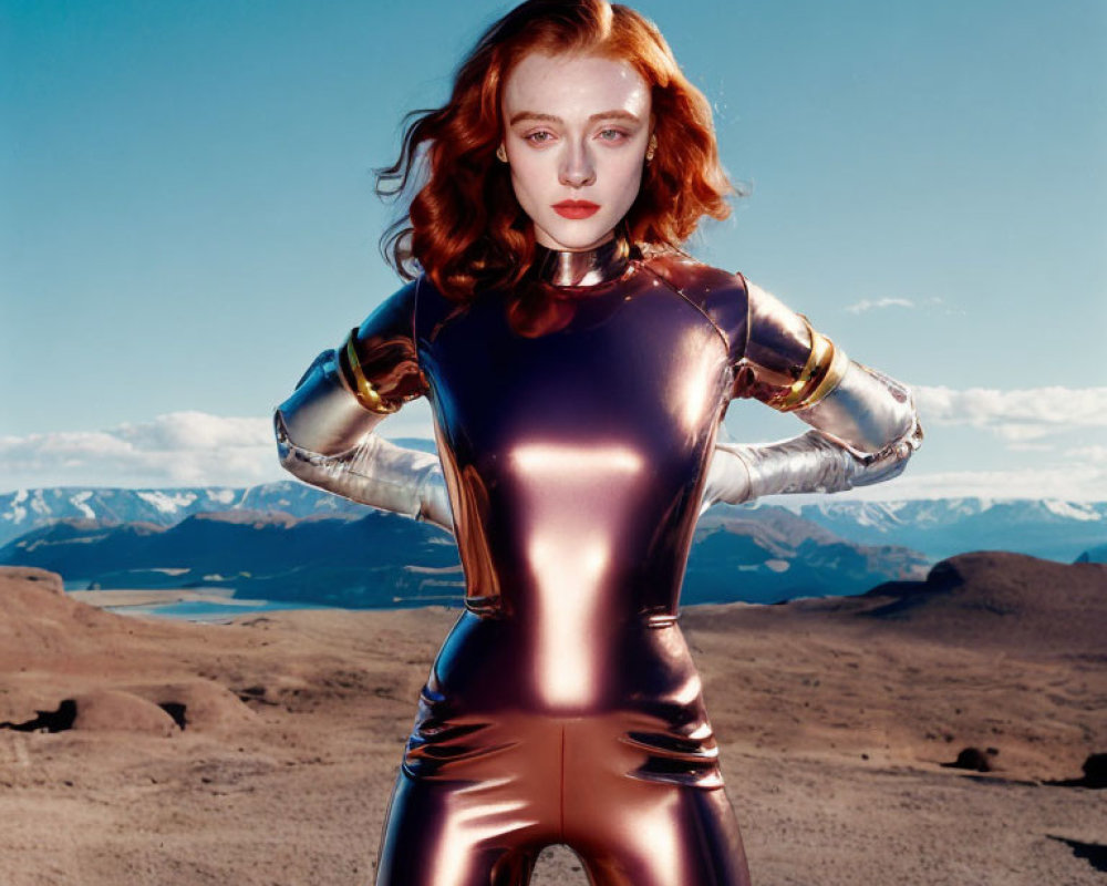 Red-haired woman in metallic bodysuit against blue sky and mountains