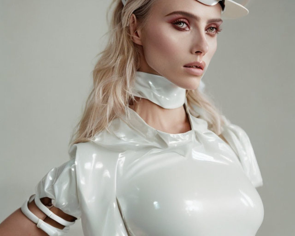 Futuristic woman in white latex outfit with horn-like headpiece