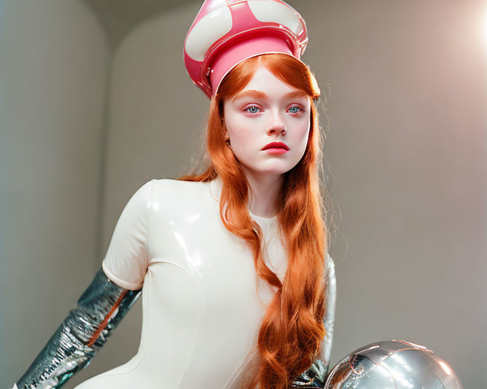 Red-Haired Model in Futuristic White Bodysuit with Metallic Sphere