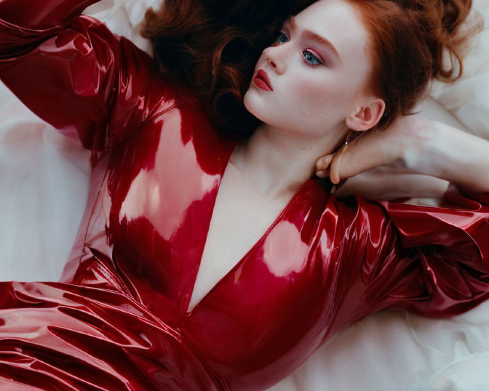 Red-haired woman in glossy red dress against pale pink background with vibrant makeup