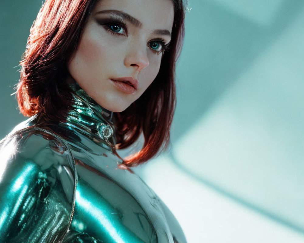 Dark-haired woman in bold makeup in metallic bodysuit under bright light