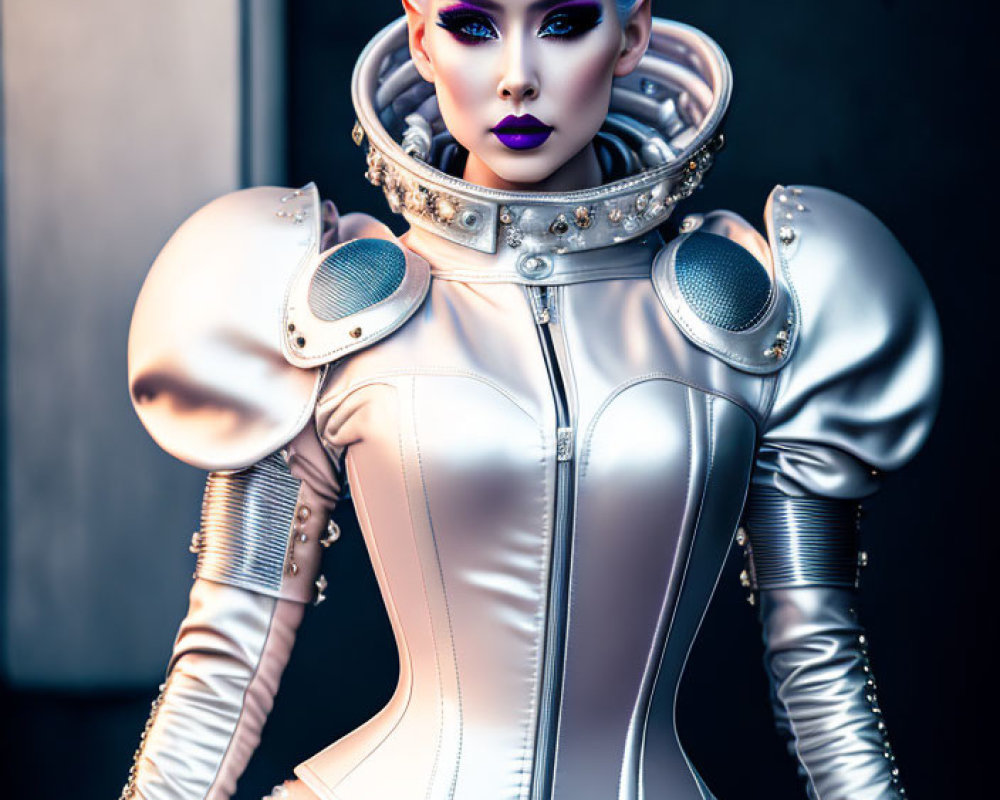 Blue-haired female in futuristic attire with high-tech, sci-fi look