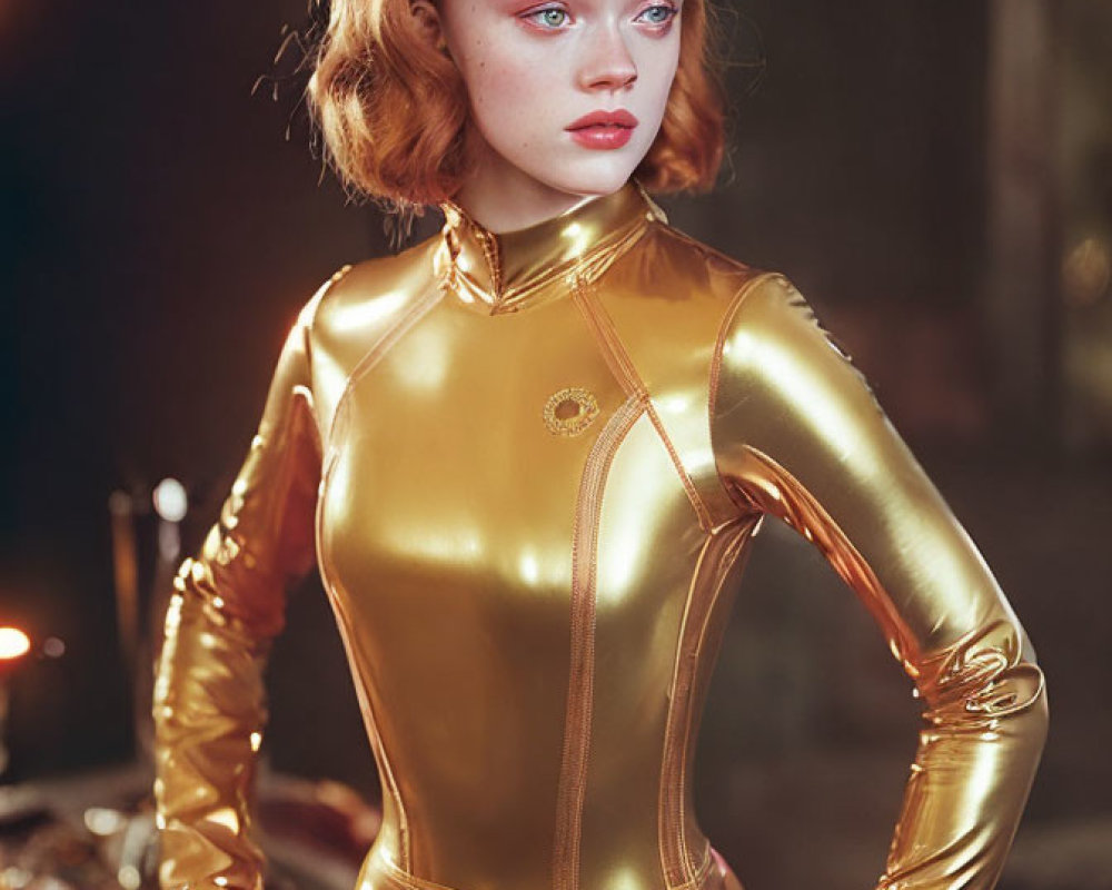 Wavy-Haired Woman in Gold Bodysuit on Softly Lit Background