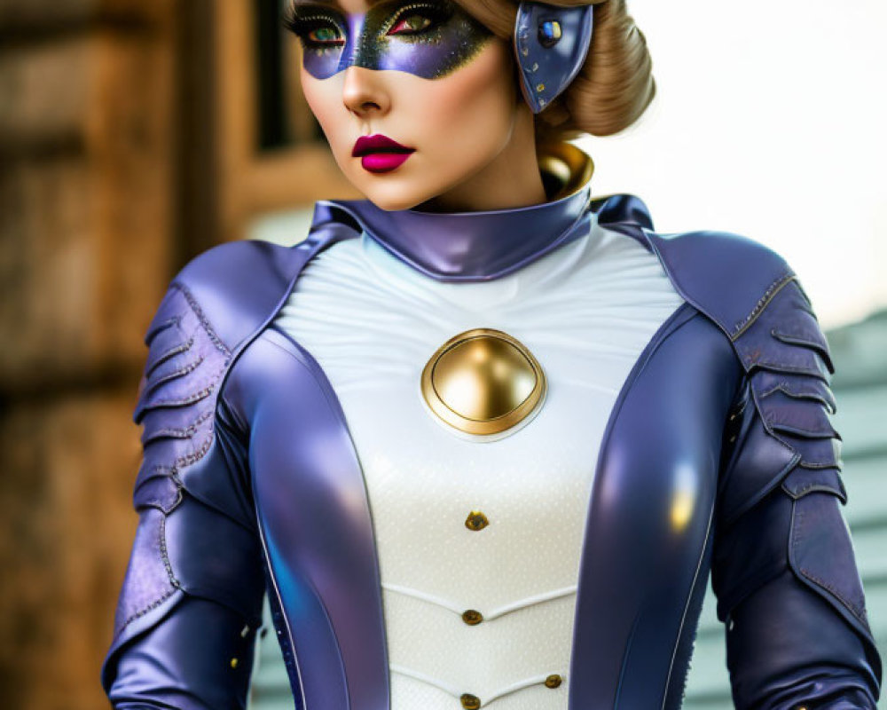 Futuristic figure with blue and gold makeup and robotic earpiece