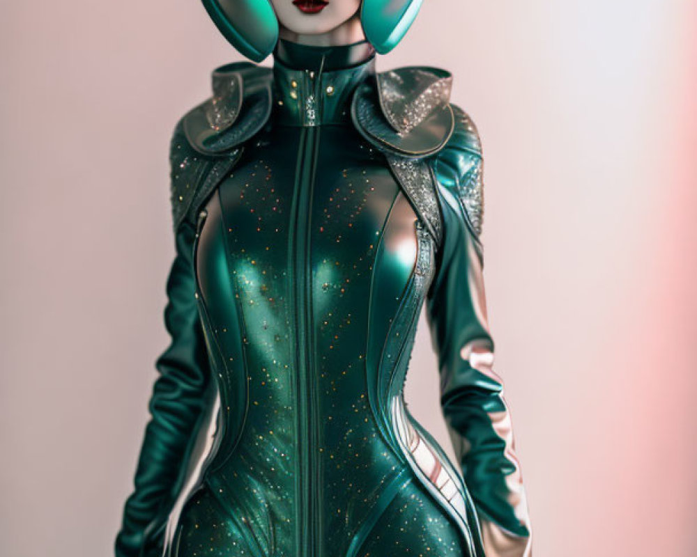 Futuristic female figure in teal spacesuit with glowing accents against pink backdrop