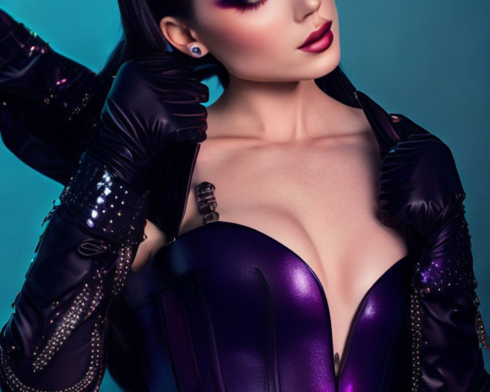 Woman in Purple Corset with Dramatic Makeup and Slicked-Back Hair