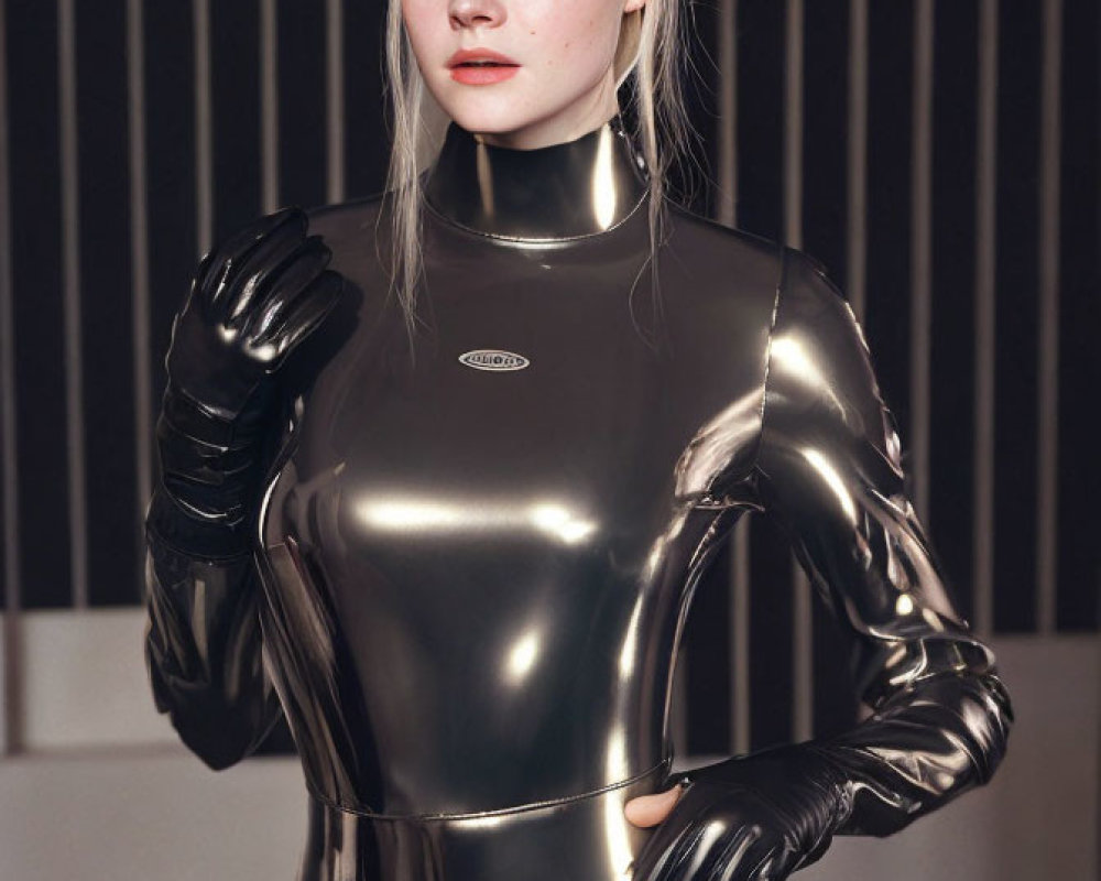 Blonde Person in Black Latex Bodysuit on Striped Background