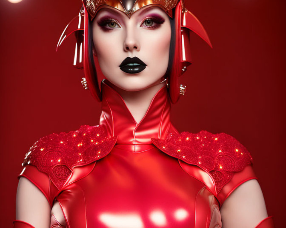 Futuristic digital artwork of a woman in red armor