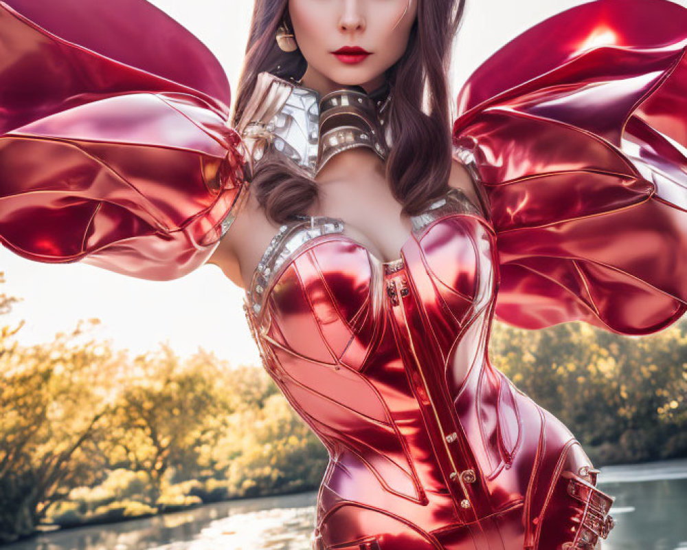 Iridescent-winged figure in metallic red bodysuit by serene river