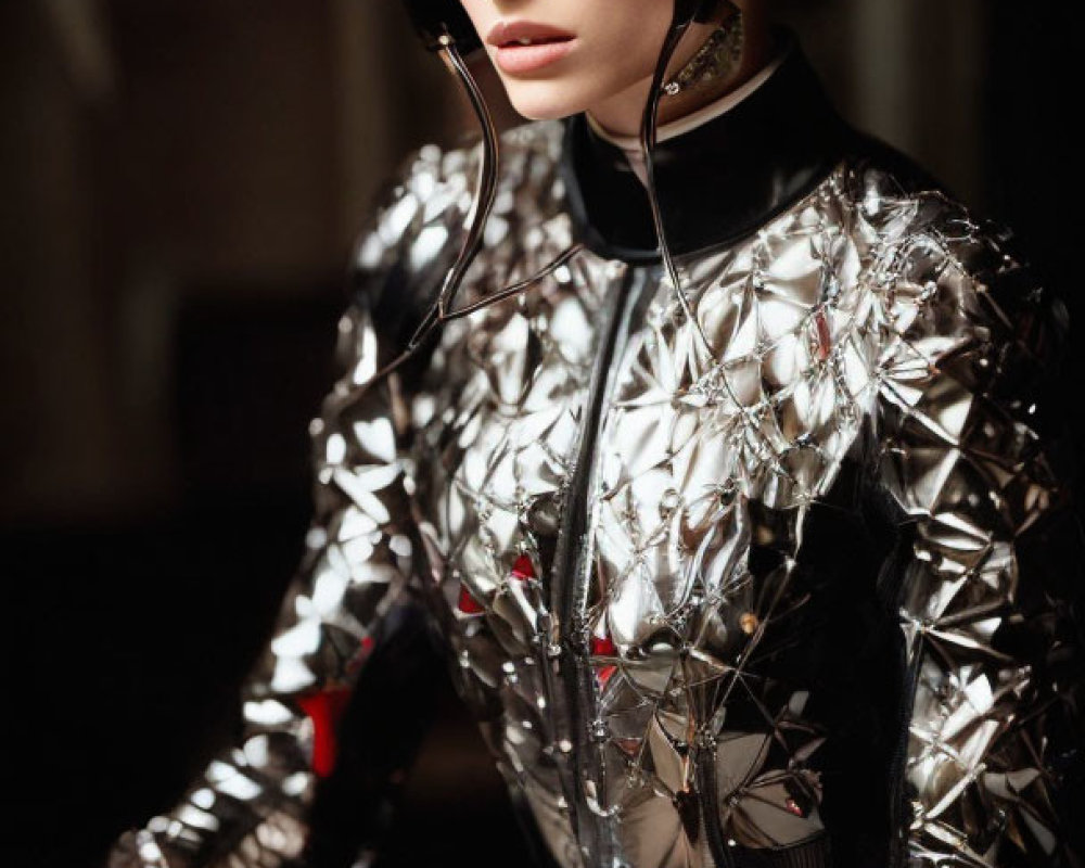 Futuristic silver motorcycle outfit and black helmet on pensive person