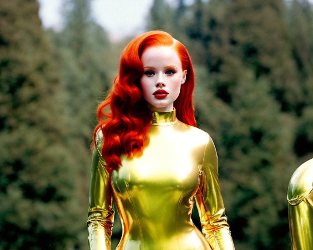 Vibrant red-haired woman in golden latex suit in forest setting