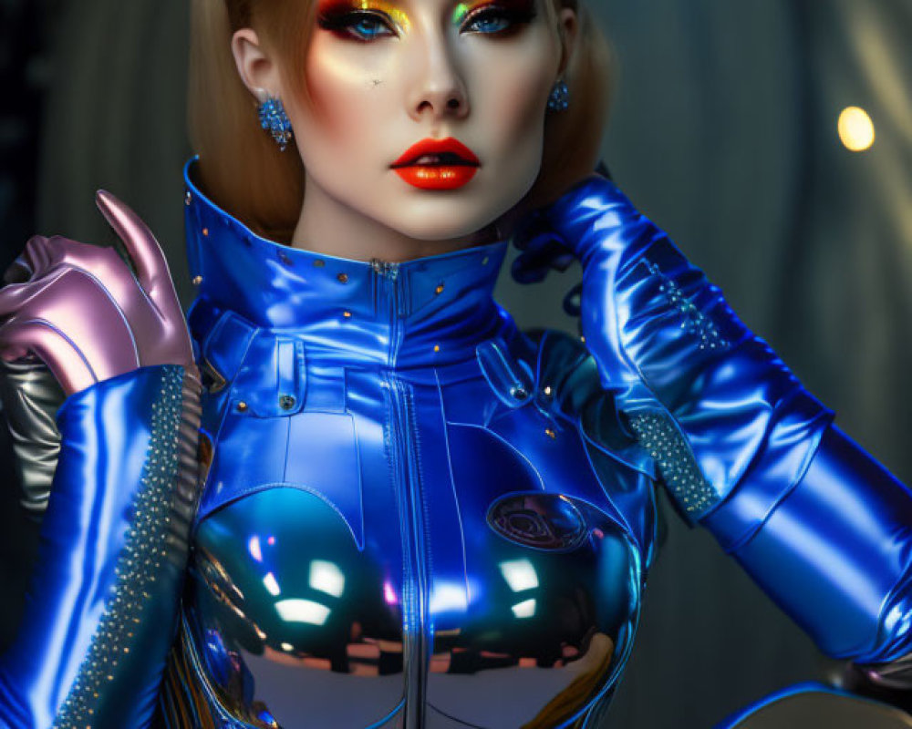 Futuristic woman in blue bodysuit with red eyeshadow and star accessory