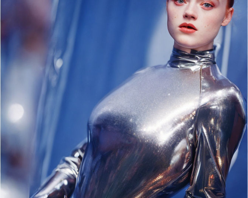 Striking Red Hair and Bold Makeup in Silver Bodysuit Pose