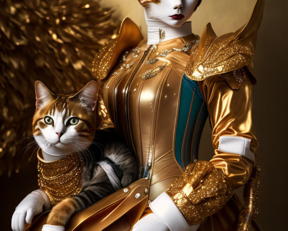 Fantasy artwork of two cats in golden armor on dark background