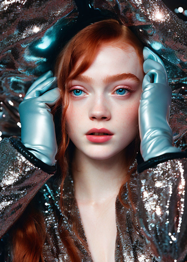 Red-haired woman in sparkly outfit with blue eyes against mystical backdrop