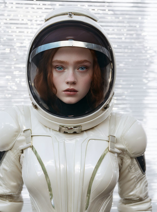 Blue-eyed woman with red hair in astronaut suit against metallic background