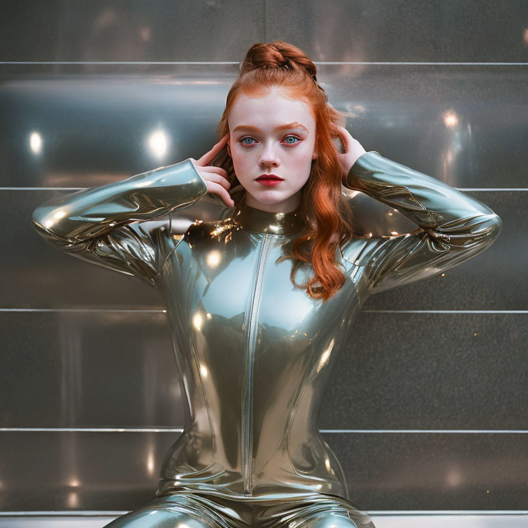 Red-haired woman in metallic bodysuit with buns against striped wall