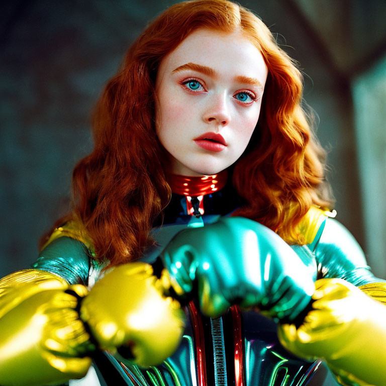 Red-haired woman in futuristic metallic suit with blue and gold colors.