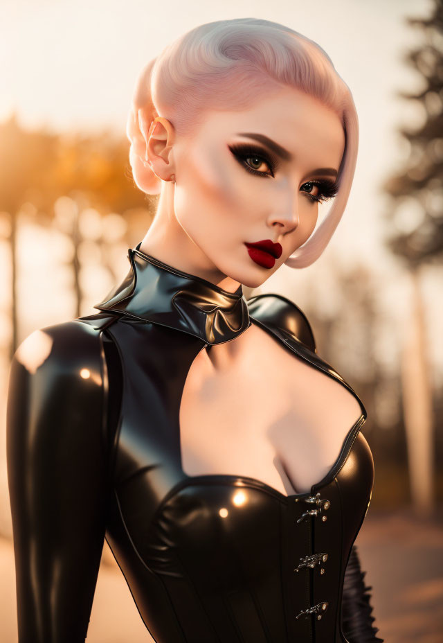 Stylized female character with pink hair and black bodysuit on sunset backdrop