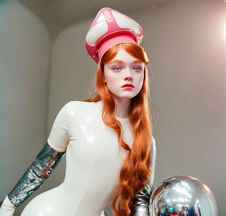 Red-Haired Model in Futuristic White Bodysuit with Metallic Sphere