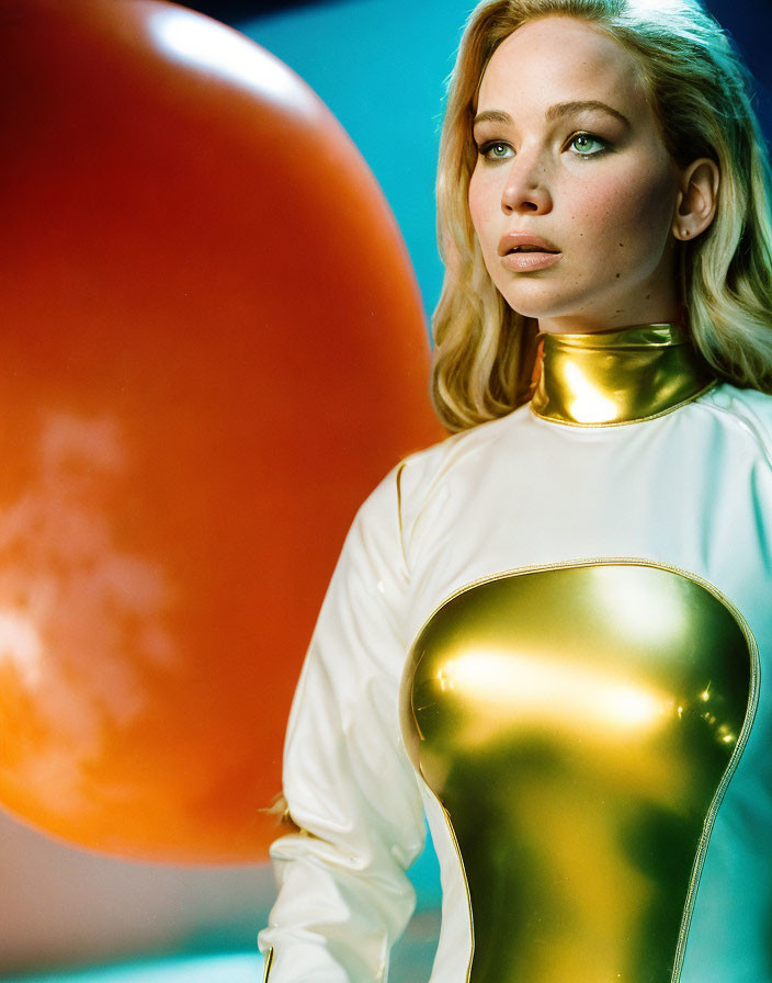 Futuristic woman in white and gold outfit with orange balloon in background