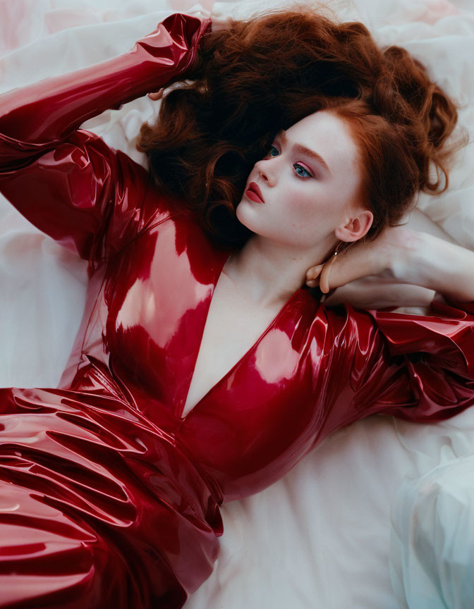 Red-haired woman in glossy red dress against pale pink background with vibrant makeup