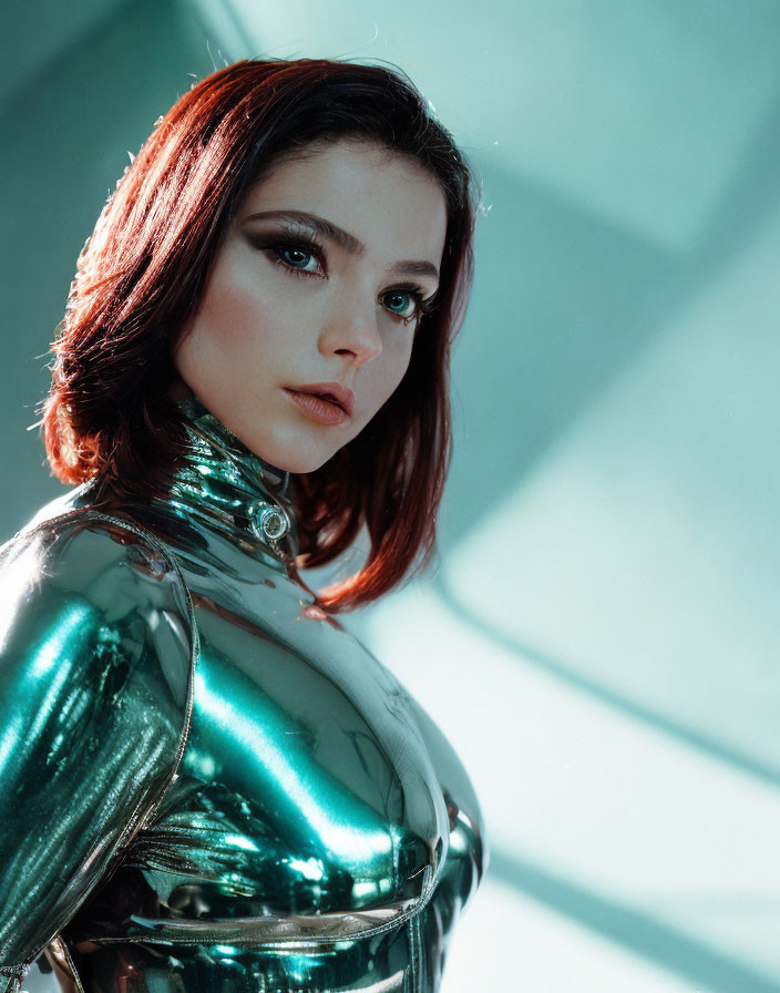 Dark-haired woman in bold makeup in metallic bodysuit under bright light