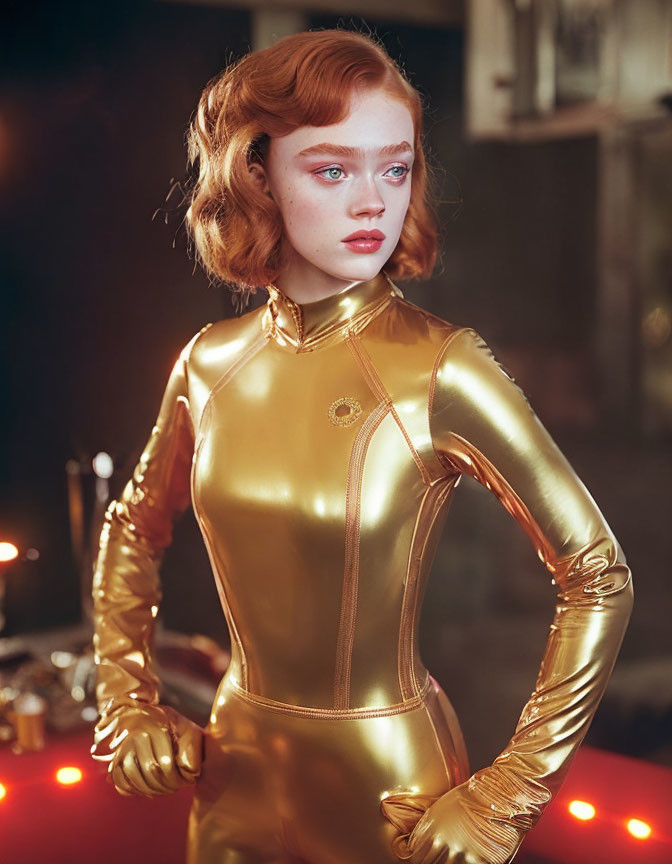 Wavy-Haired Woman in Gold Bodysuit on Softly Lit Background