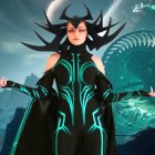 Elaborate black and teal armored female character in cosmic setting