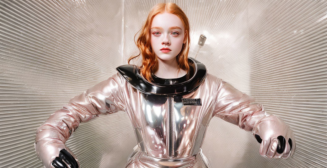 Red-haired person in silver spacesuit on metallic background