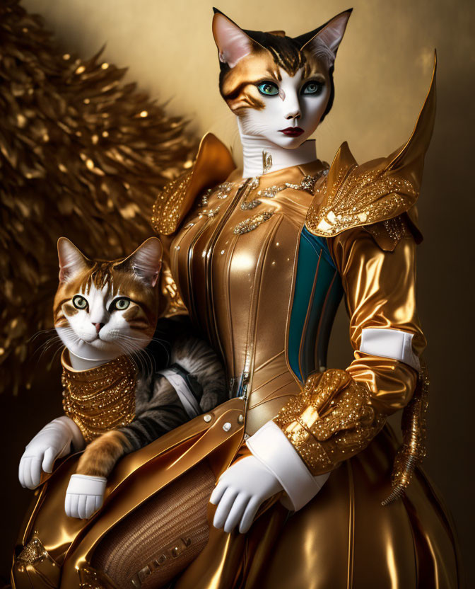 Fantasy artwork of two cats in golden armor on dark background