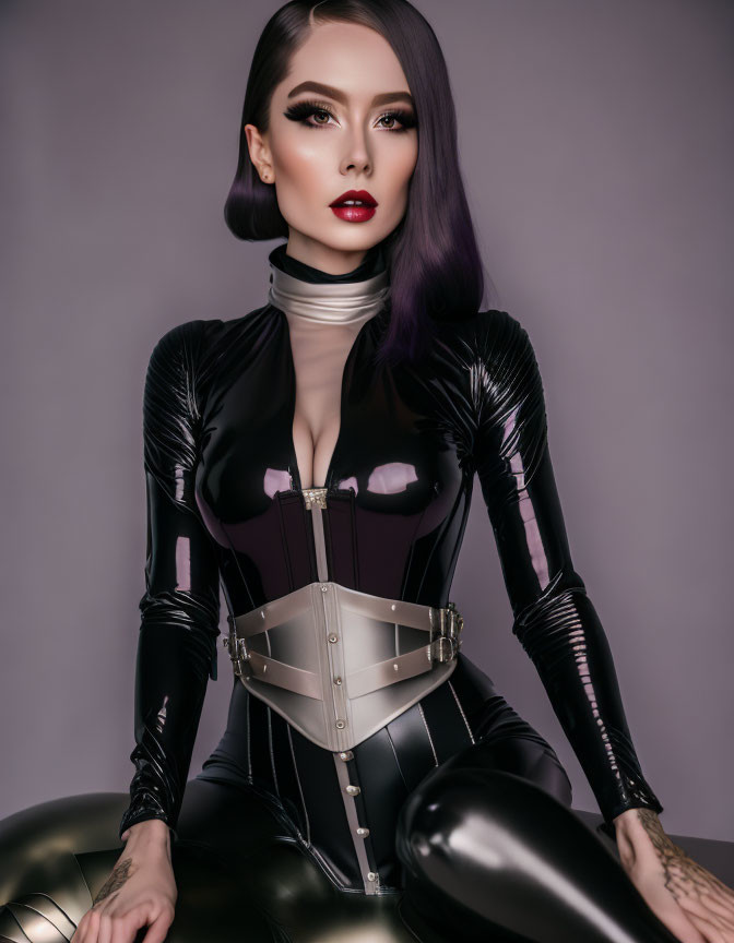 Dark purple hair woman in glossy black bodysuit with silver corset on purple background