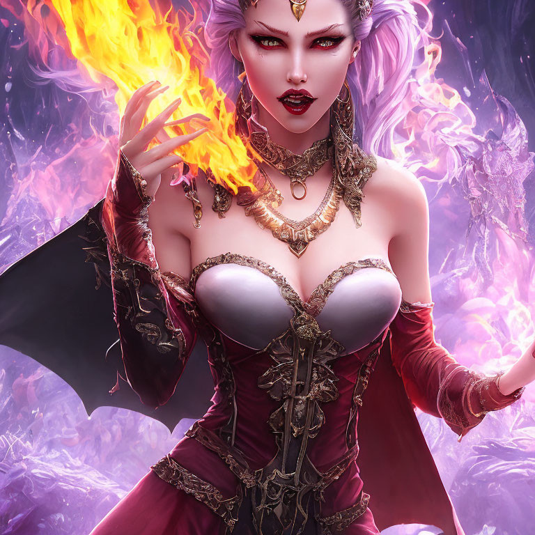 Fantasy illustration of woman with purple hair casting fire spell