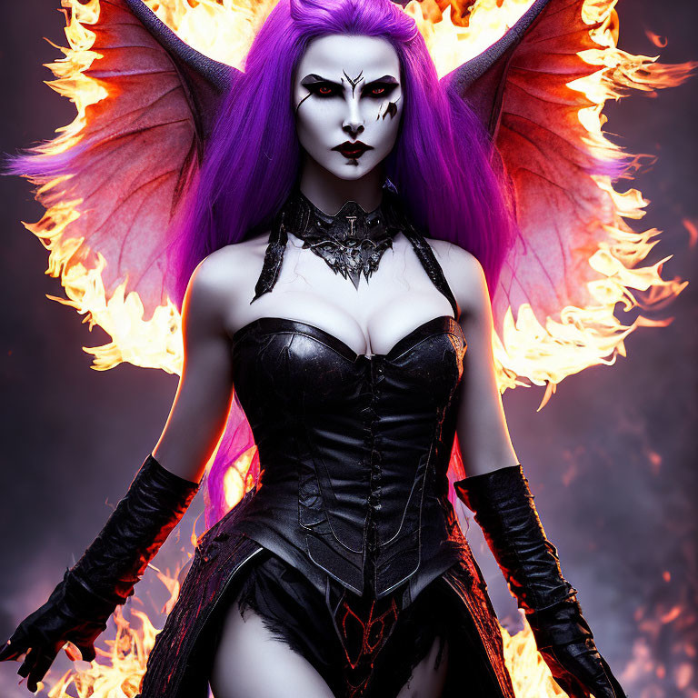 Purple-skinned female figure with bat-like wings in fantasy-themed art.