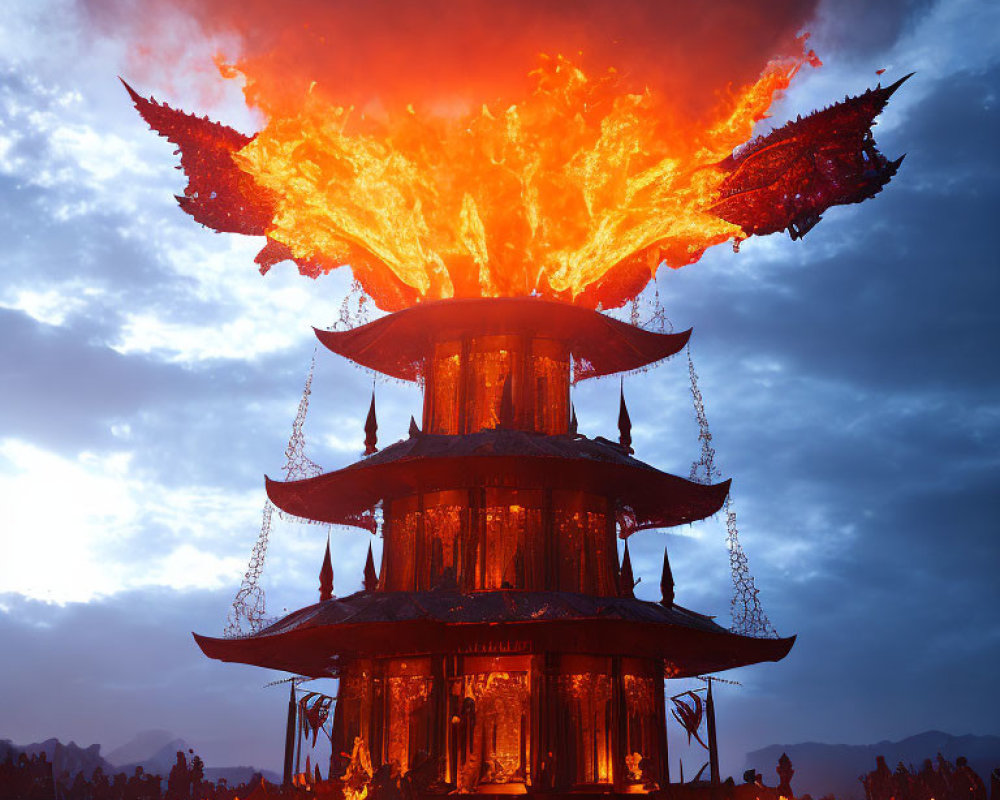 Explosion at Pagoda Structure Casts Orange Glow