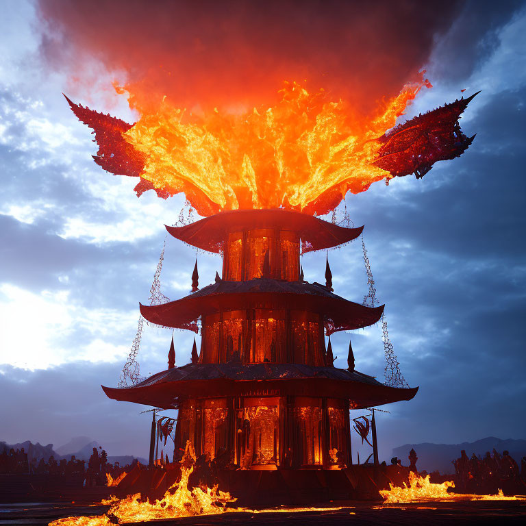 Explosion at Pagoda Structure Casts Orange Glow