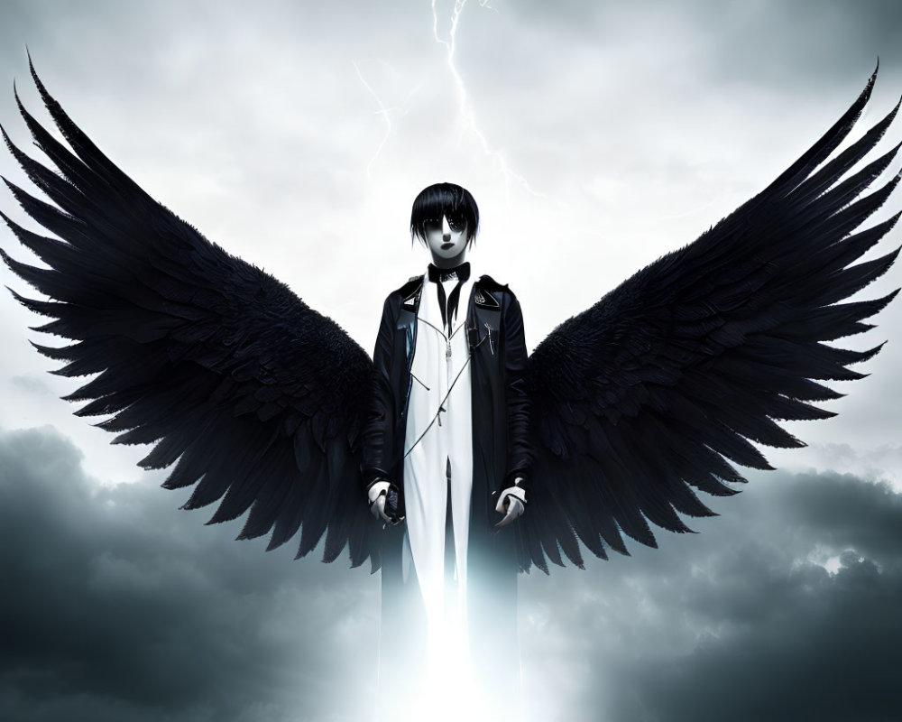 Black-winged stoic figure under stormy sky with lightning.
