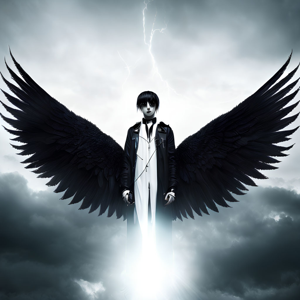 Black-winged stoic figure under stormy sky with lightning.