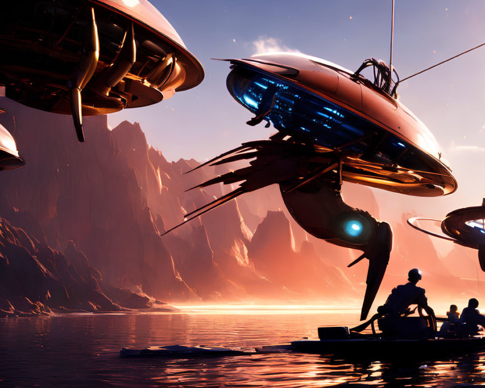 Futuristic ships hover over crimson lake with silhouetted figures in boat