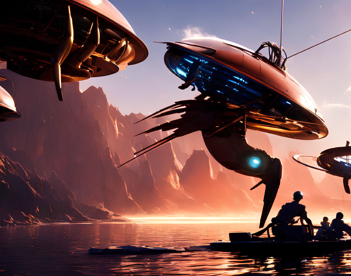 Futuristic ships hover over crimson lake with silhouetted figures in boat