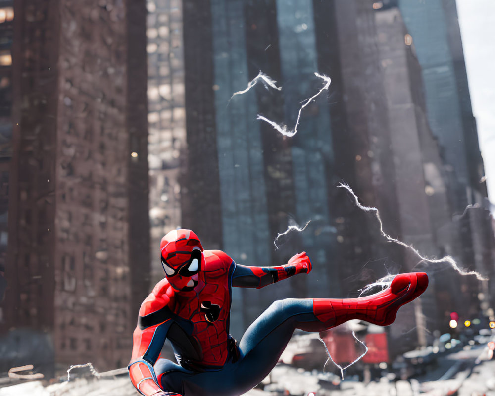 Superhero swinging through city skyline with skyscrapers and traffic-filled streets