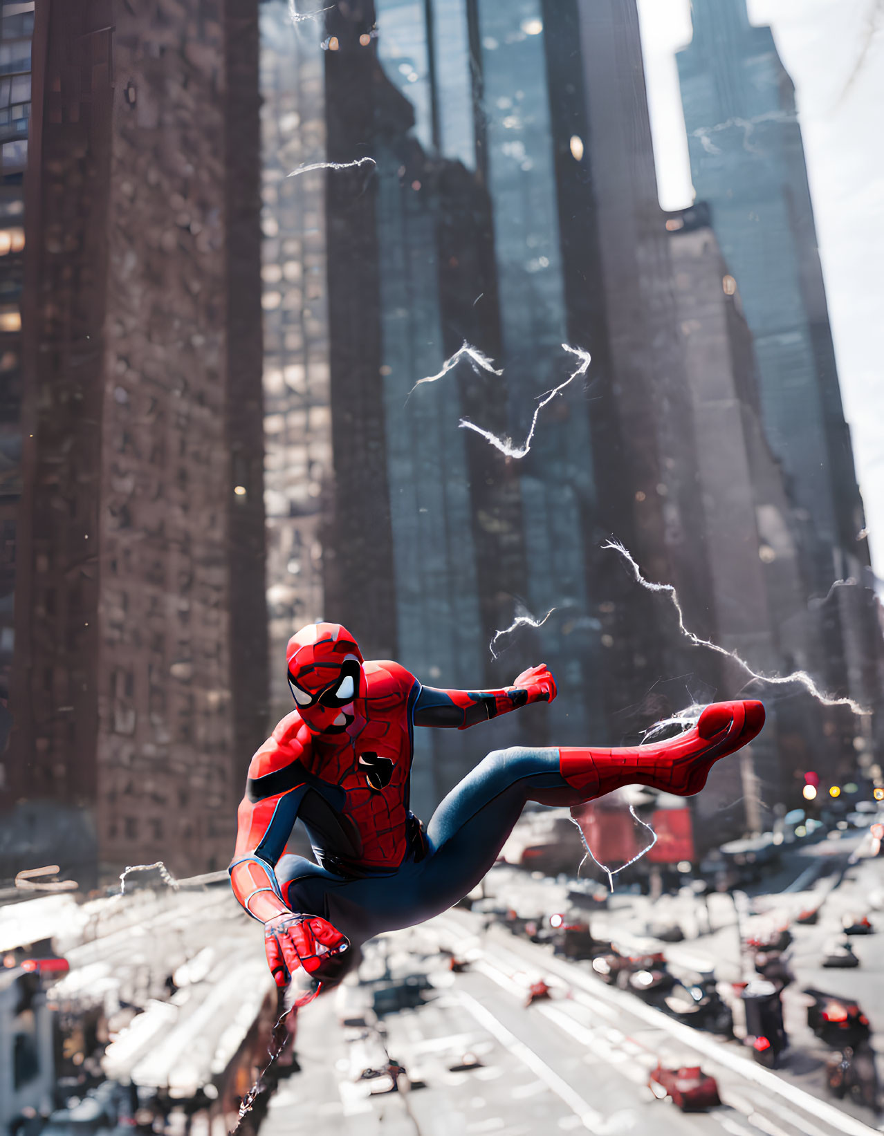Superhero swinging through city skyline with skyscrapers and traffic-filled streets