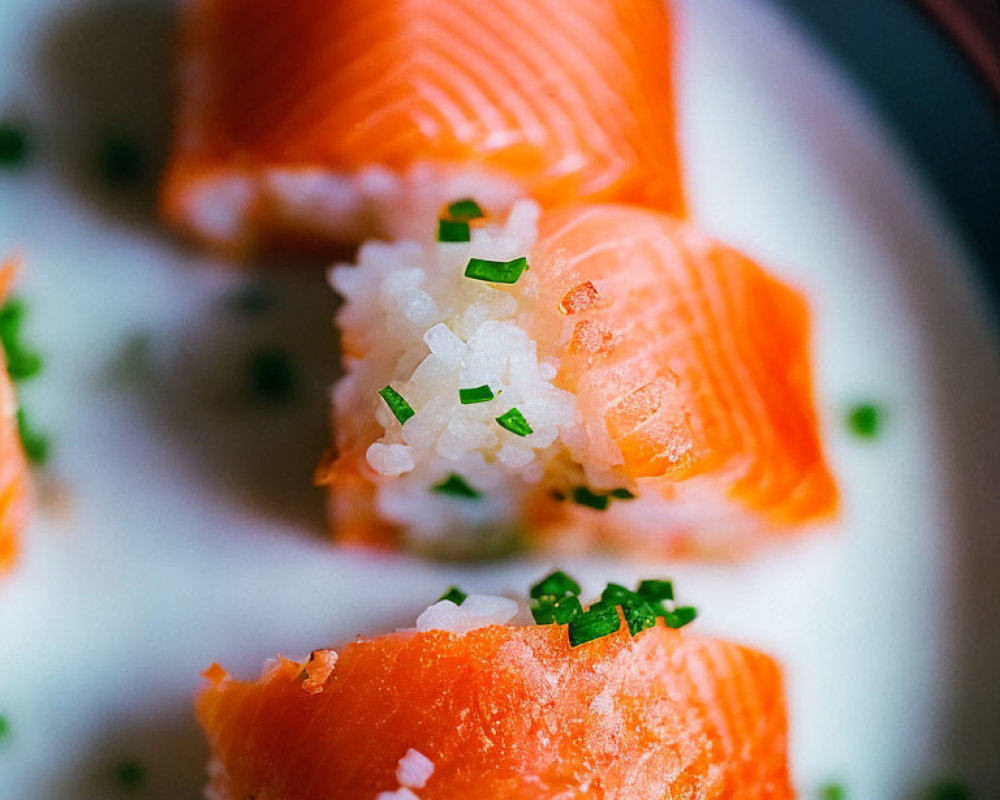 Fresh Salmon Sashimi Rolls with Rice and Chives on Plate