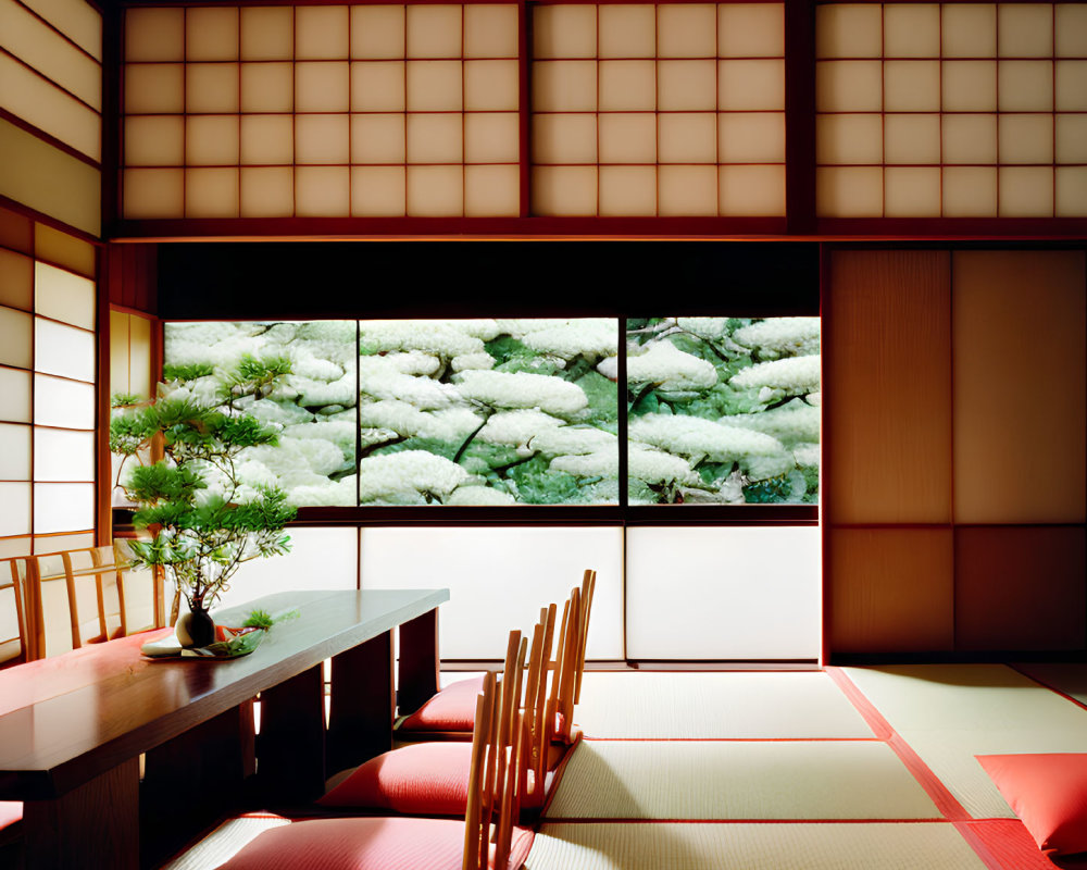 Traditional Japanese Room with Tatami Flooring, Shoji Screens, Wooden Table, Chairs, and Bons